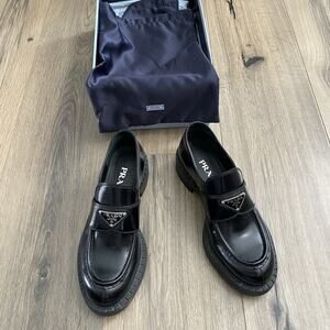 PRADA Chocolate Brushed Leather Loafer Black Size 37 EUC WITH BOX & Dustbag